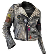 Women’s Punk Rock Jacket – Ramones & Cannibal Corpse Patches, Silver Spiked Gothic Leather, Custom Rock ’n’ Roll Outfit